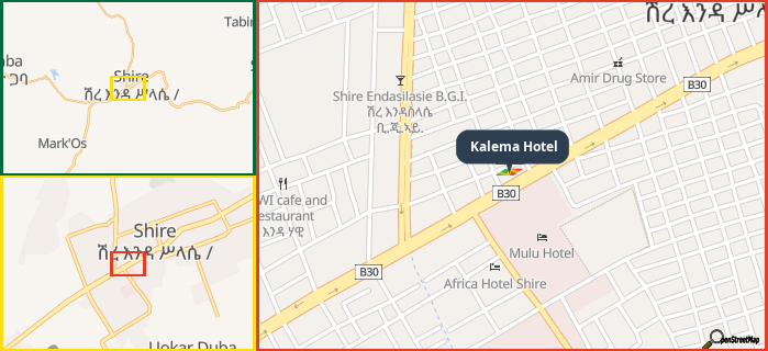 Map showing the address of Kalema Hotel in three different zoom levels.