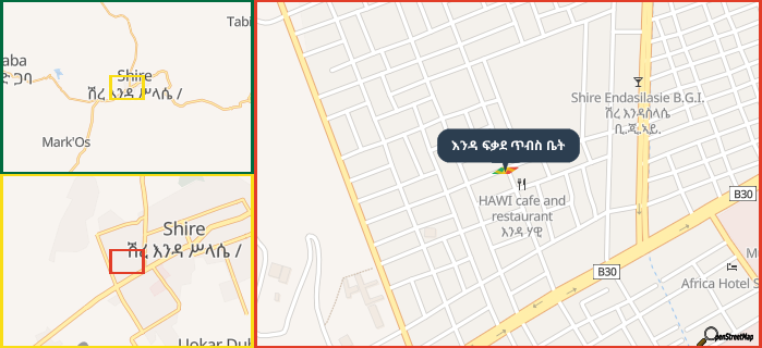 Map showing the address of እንዳ ፍቃደ ጥብስ ቤት in three different zoom levels.