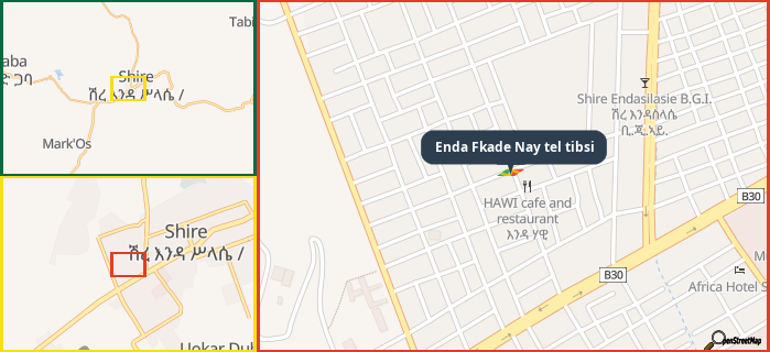 Map showing the address of Enda Fkade Nay tel tibsi in three different zoom levels.