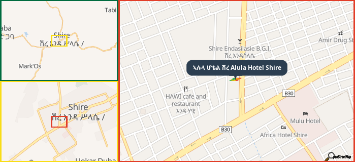Map showing the address of ኣሉላ ሆቴል ሽረ Alula Hotel Shire in three different zoom levels.