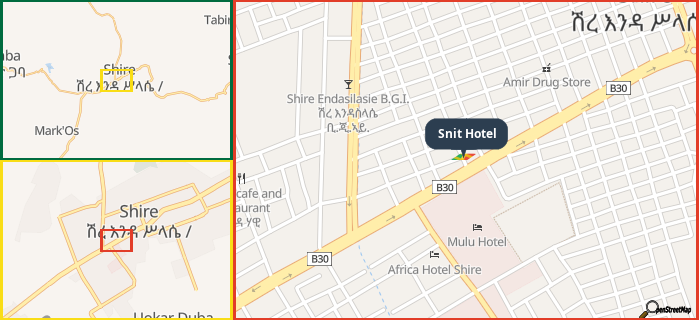 Map showing the address of Snit Hotel in three different zoom levels.