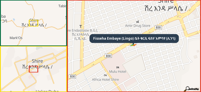 Map showing the address of Fisseha Embaye (Lingo) ቤት ቁርሲ ፍሰሃ እምባየ (ሊንጎ) in three different zoom levels.