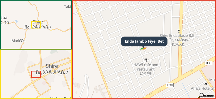 Map showing the address of Enda Jambo Fiyel Bet in three different zoom levels.