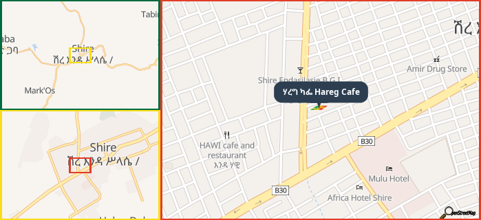 Map showing the address of ሃረግ ካፌ Hareg Cafe in three different zoom levels.