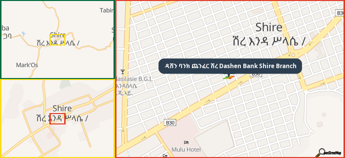 Map showing the address of ዳሸን ባንክ ጨንፈር ሽረ Dashen Bank Shire Branch in three different zoom levels.