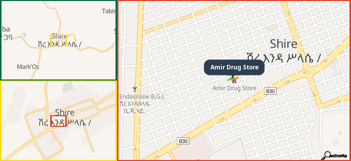 Map showing the address of Amir Drug Store in three different zoom levels.