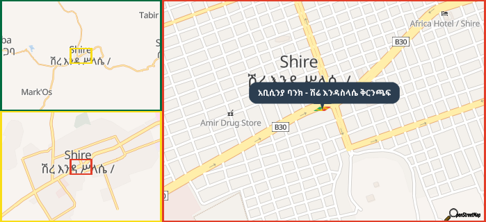 Map showing the address of አቢሲንያ ባንክ - ሽሬ እንዳስላሴ ቅርንጫፍ in three different zoom levels.