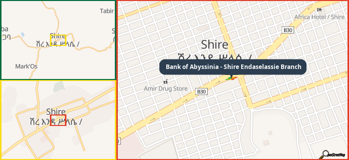 Map showing the address of Bank of Abyssinia - Shire Endaselassie Branch in three different zoom levels.