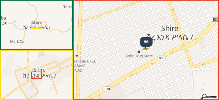 Map showing the address of ዛፉ in three different zoom levels.