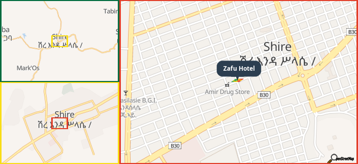 Map showing the address of Zafu Hotel in three different zoom levels.