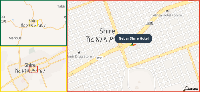 Map showing the address of Gebar Shire Hotel in three different zoom levels.