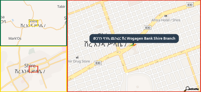 Map showing the address of ወጋገን ባንኪ ጨንፈር ሽረ Wogagen Bank Shire Branch in three different zoom levels.
