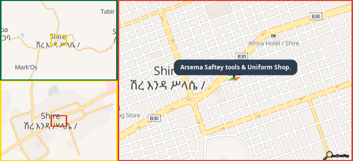 Map showing the address of Arsema Saftey tools & Uniform Shop. in three different zoom levels.