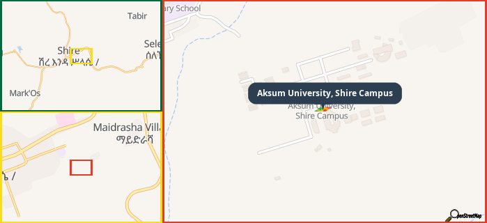 Map showing the address of Aksum University, Shire Campus in three different zoom levels.