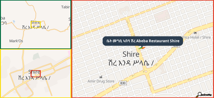 Map showing the address of ቤት መግቢ ኣበባ ሽረ Abeba Restaurant Shire in three different zoom levels.