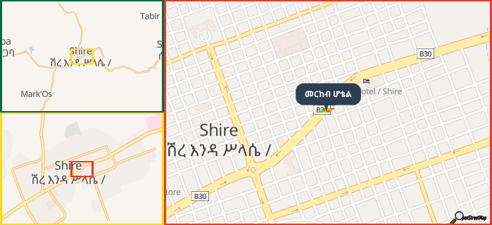 Map showing the address of መርከብ ሆቴል in three different zoom levels.