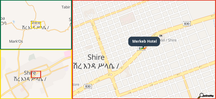 Map showing the address of Merkeb Hotel in three different zoom levels.