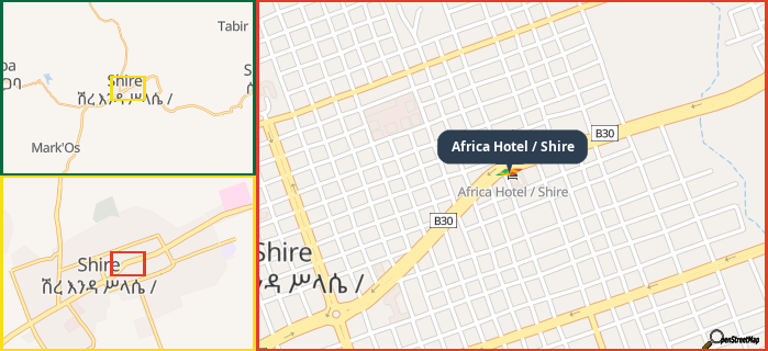 Map showing the address of Africa Hotel / Shire in three different zoom levels.