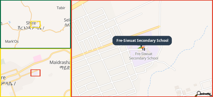 Map showing the address of Fre-Siwuat Secondary School in three different zoom levels.