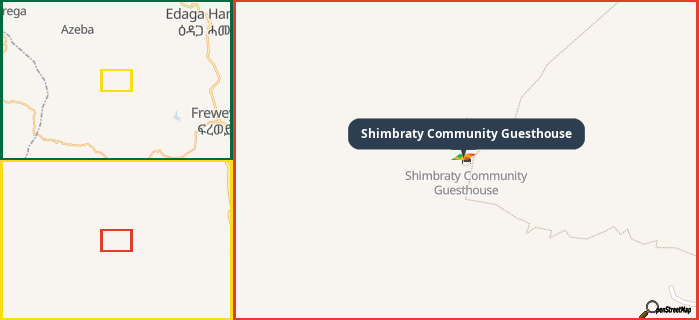 Map showing the address of Shimbraty Community Guesthouse in three different zoom levels.