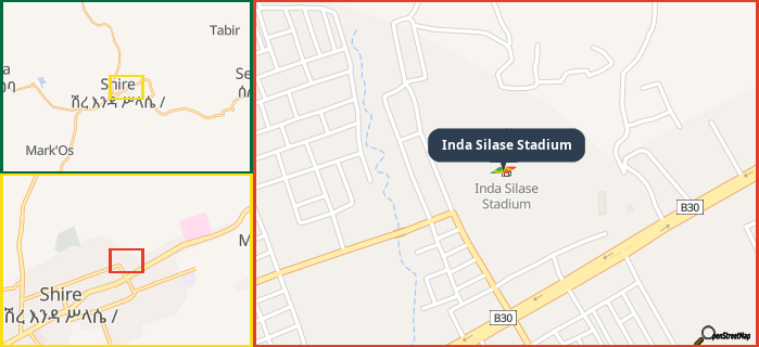 Map showing the address of Inda Silase Stadium in three different zoom levels.