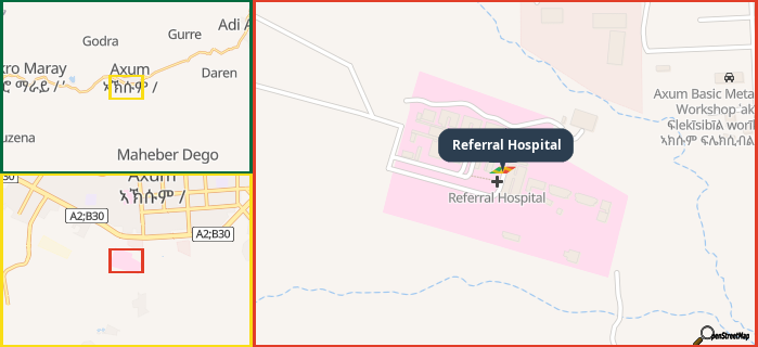 Map showing the address of Referral Hospital in three different zoom levels.
