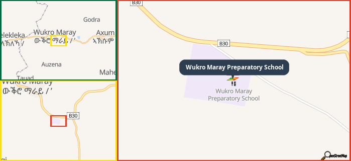 Map showing the address of Wukro Maray Preparatory School in three different zoom levels.