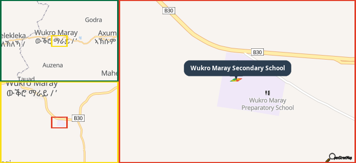 Map showing the address of Wukro Maray Secondary School in three different zoom levels.