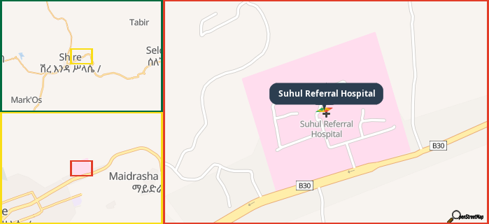 Map showing the address of Suhul Referral Hospital in three different zoom levels.