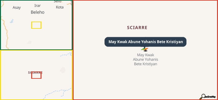 Map showing the address of May Kwak Abune Yohanis Bete Kristiyan in three different zoom levels.