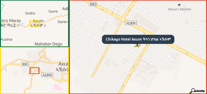 Map showing the address of Chikago Hotel Axum ችካጎ ሆቴል ኣኽሱም in three different zoom levels.