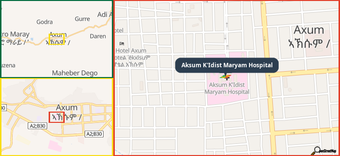 Map showing the address of Aksum K'Idist Maryam Hospital in three different zoom levels.