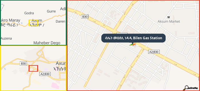 Map showing the address of ብሌን መዐደሊ ነዳዲ Bilen Gas Station in three different zoom levels.