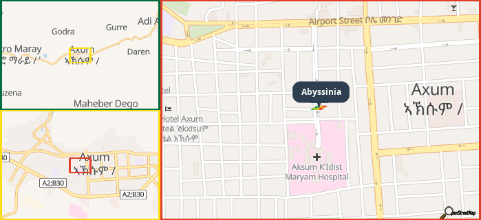 Map showing the address of Abyssinia in three different zoom levels.