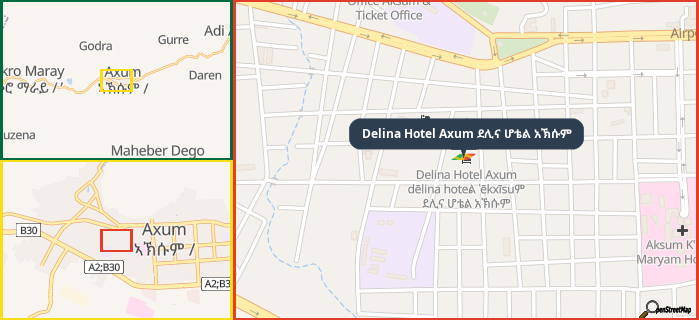 Map showing the address of Delina Hotel Axum ደሊና ሆቴል አኽሱም in three different zoom levels.