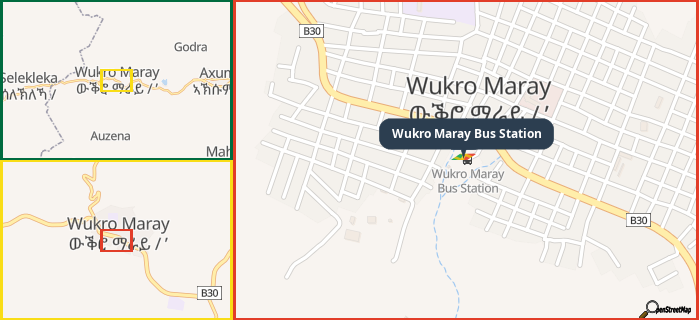Map showing the address of Wukro Maray Bus Station in three different zoom levels.