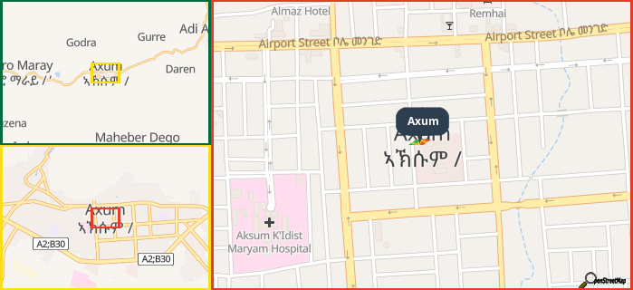 Map showing the address of Axum in three different zoom levels.