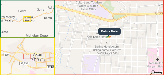 Map showing the address of Delina Hotel in three different zoom levels.