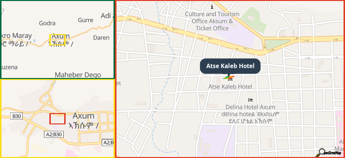 Map showing the address of Atse Kaleb Hotel in three different zoom levels.