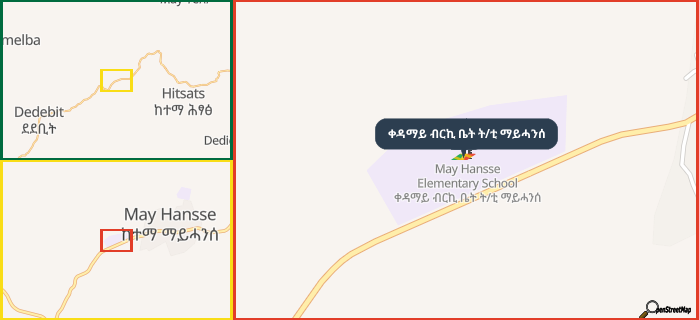 Map showing the address of ቀዳማይ ብርኪ ቤት ት/ቲ ማይሓንሰ in three different zoom levels.