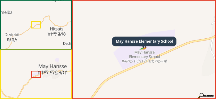Map showing the address of May Hansse Elementary School in three different zoom levels.