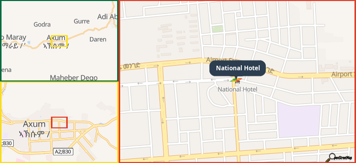 Map showing the address of National Hotel in three different zoom levels.