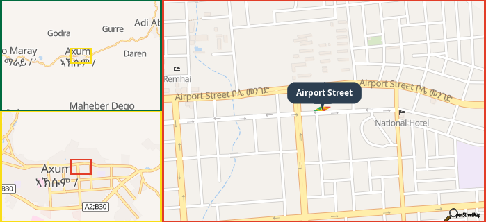 Map showing the address of Airport Street in three different zoom levels.