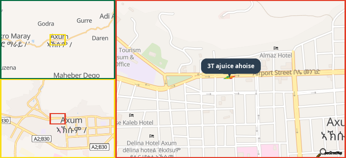 Map showing the address of 3T ajuice ahoise in three different zoom levels.