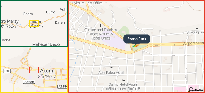 Map showing the address of Ezana Park in three different zoom levels.