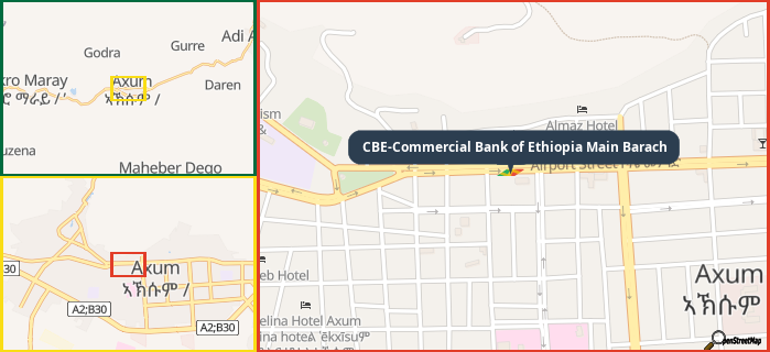 Map showing the address of CBE-Commercial Bank of Ethiopia Main Barach in three different zoom levels.
