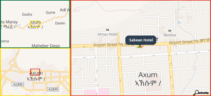 Map showing the address of Sabean Hotel in three different zoom levels.