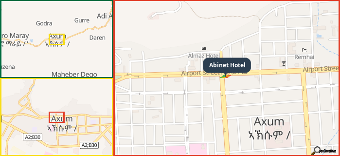 Map showing the address of Abinet Hotel in three different zoom levels.