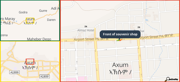 Map showing the address of Front of souvenir shop in three different zoom levels.