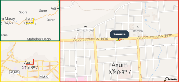 Map showing the address of Samusa in three different zoom levels.
